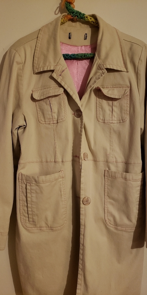 Vintage cream w/pink trenchcoat.